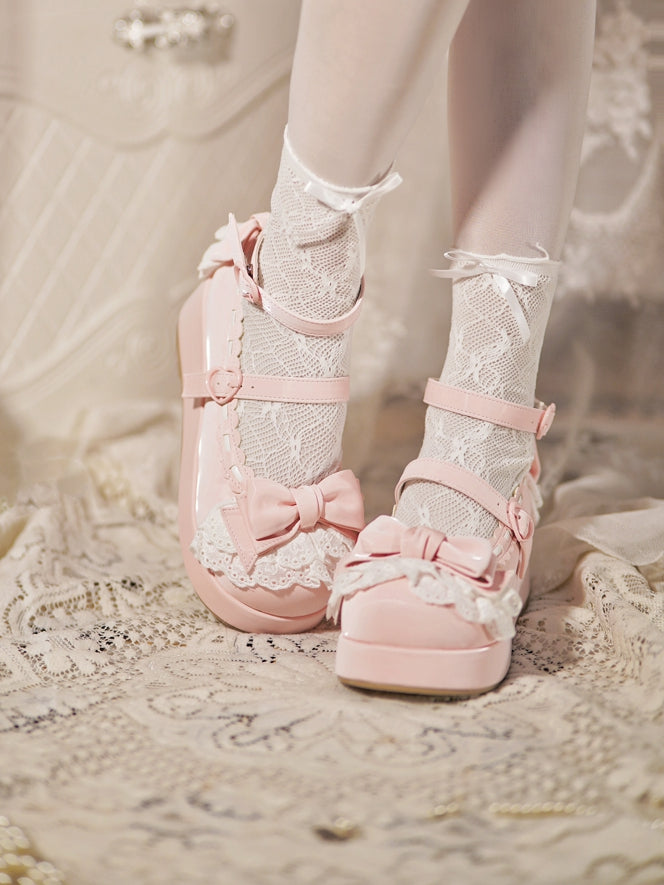 Top Heart Platforms Buckles at Bow Baby Pink Trim Lace