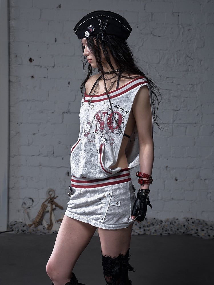 Asymmetrical Neckline Gray/White Wasteland Punk Distressed Dress