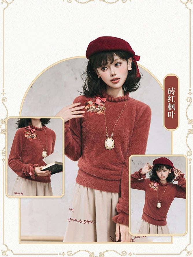 Leaf Embroidery Maple on Red Autumn Top Bowknot Brick Cuffs Knit Neckline