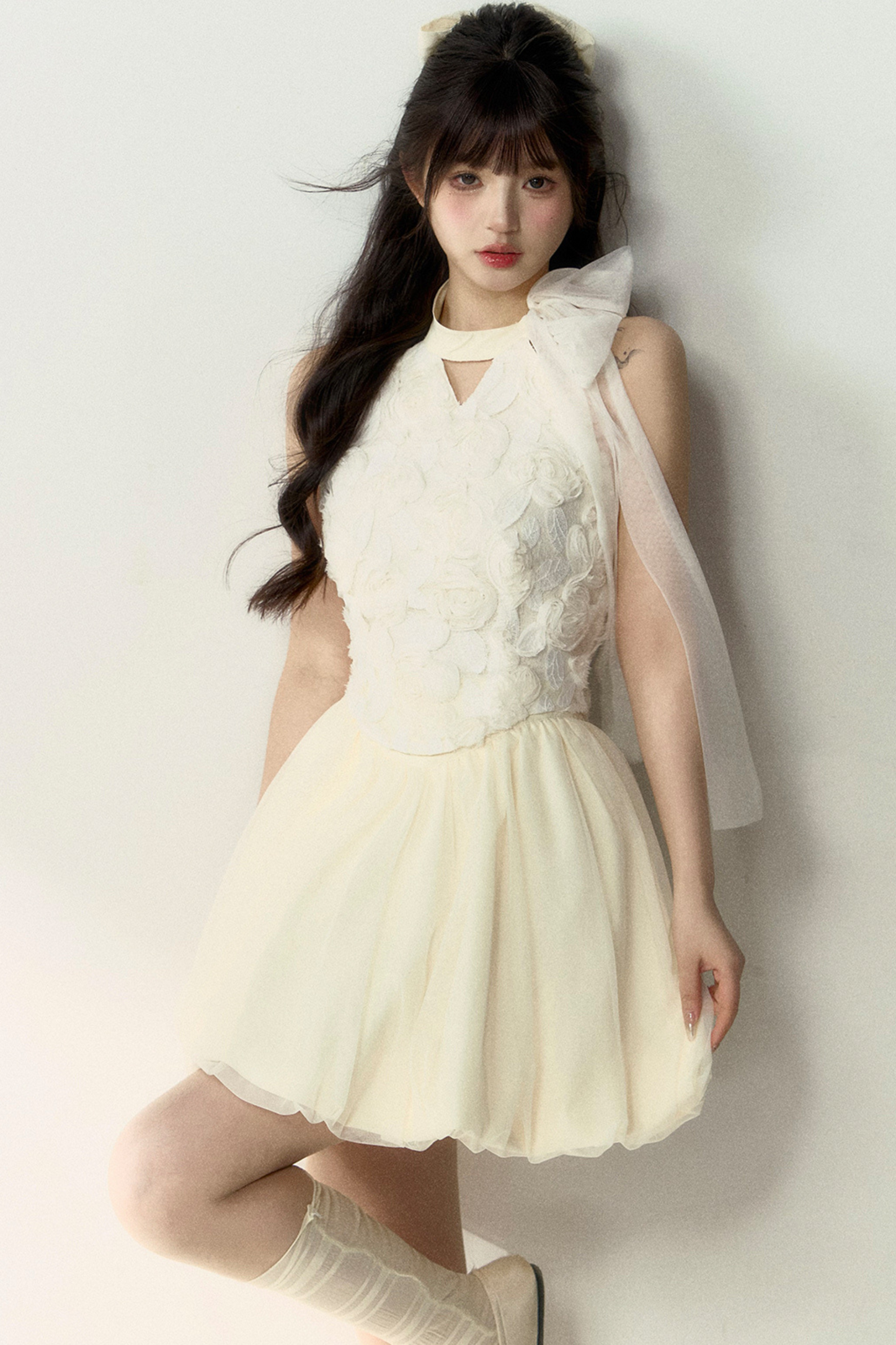 Long + Sweet Sleeveless Short Flower French Skirt Balloon Top