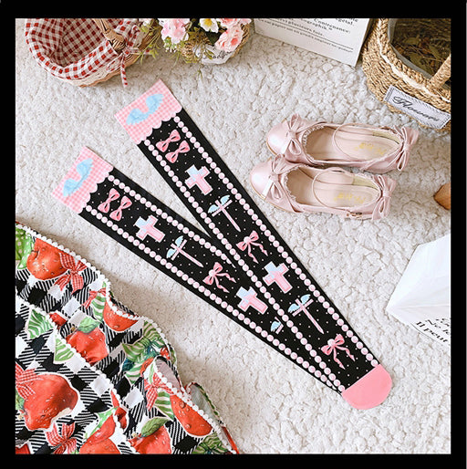 Black/Pink/Blue Sweet Lolita Cross and Bowknot Print Overknee Stockings