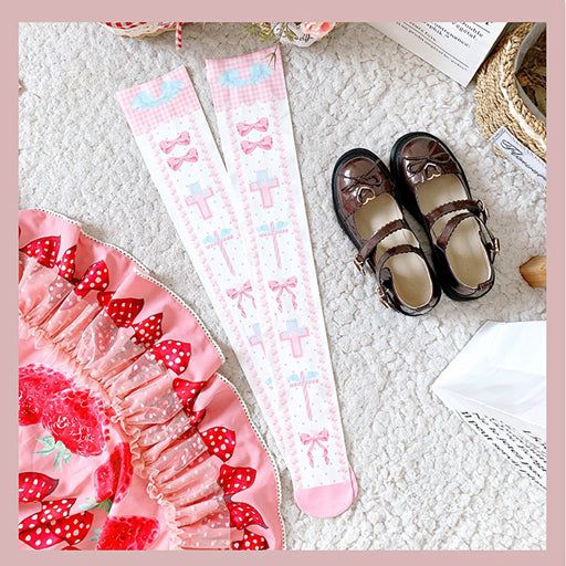 Black/Pink/Blue Sweet Lolita Cross and Bowknot Print Overknee Stockings
