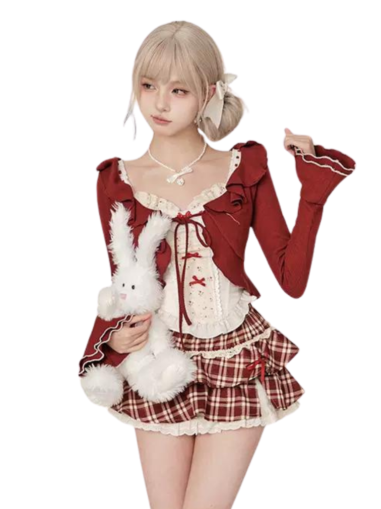 Wine Cherry Red Skirt + Top Waist Vest Cardigan Red Summer Red Check + High Sweet Suit