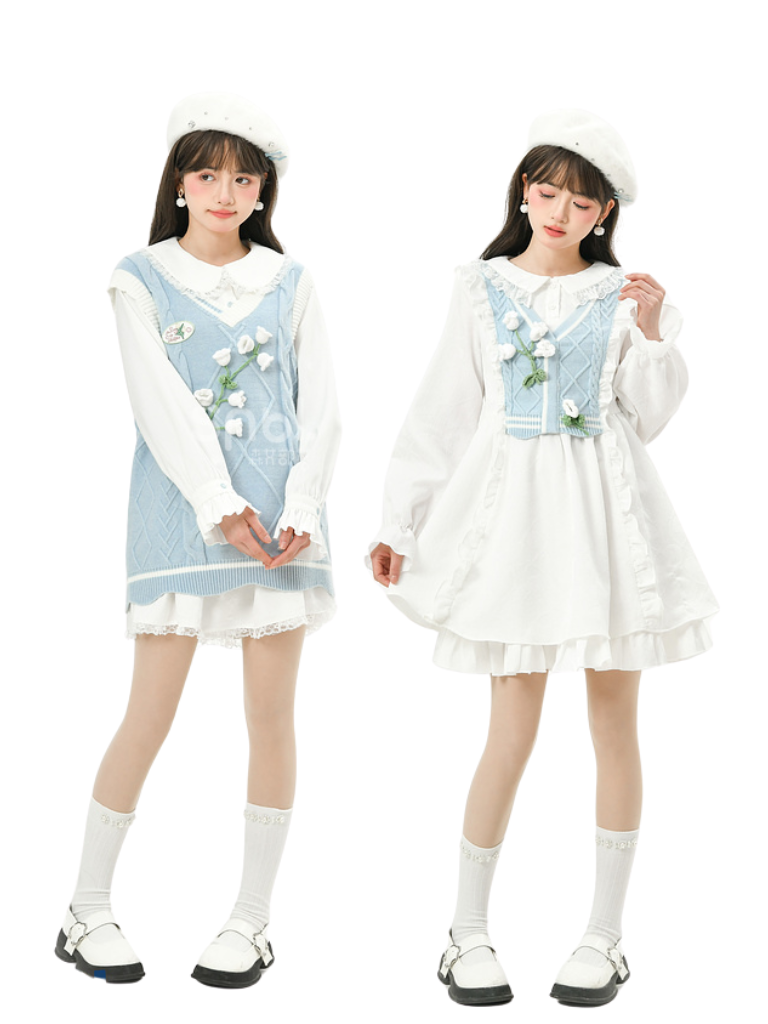 Ensemble Bellflower, robe chemise, jupe et gilet