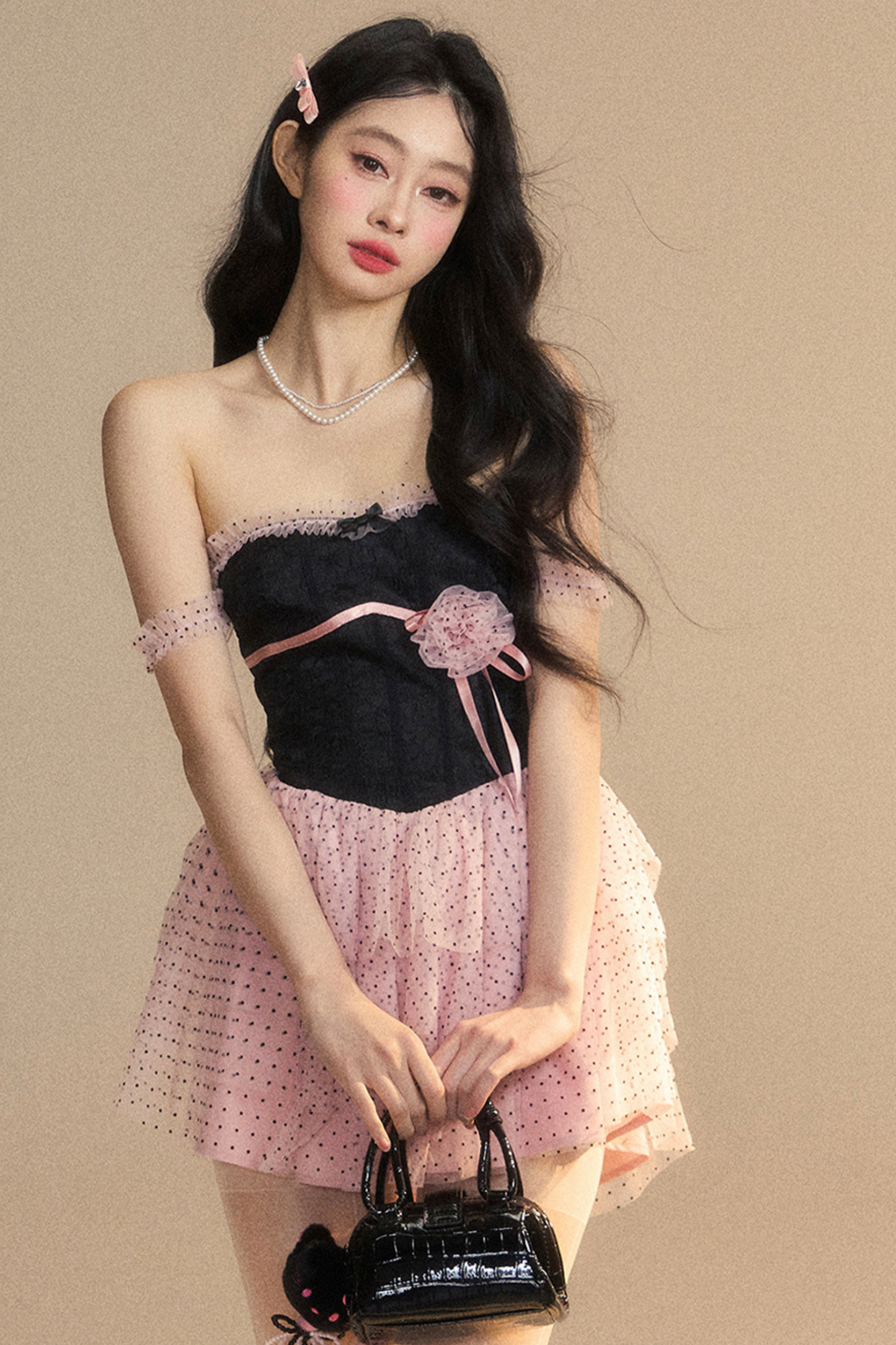 Top Lace Pink Tube Black Dress