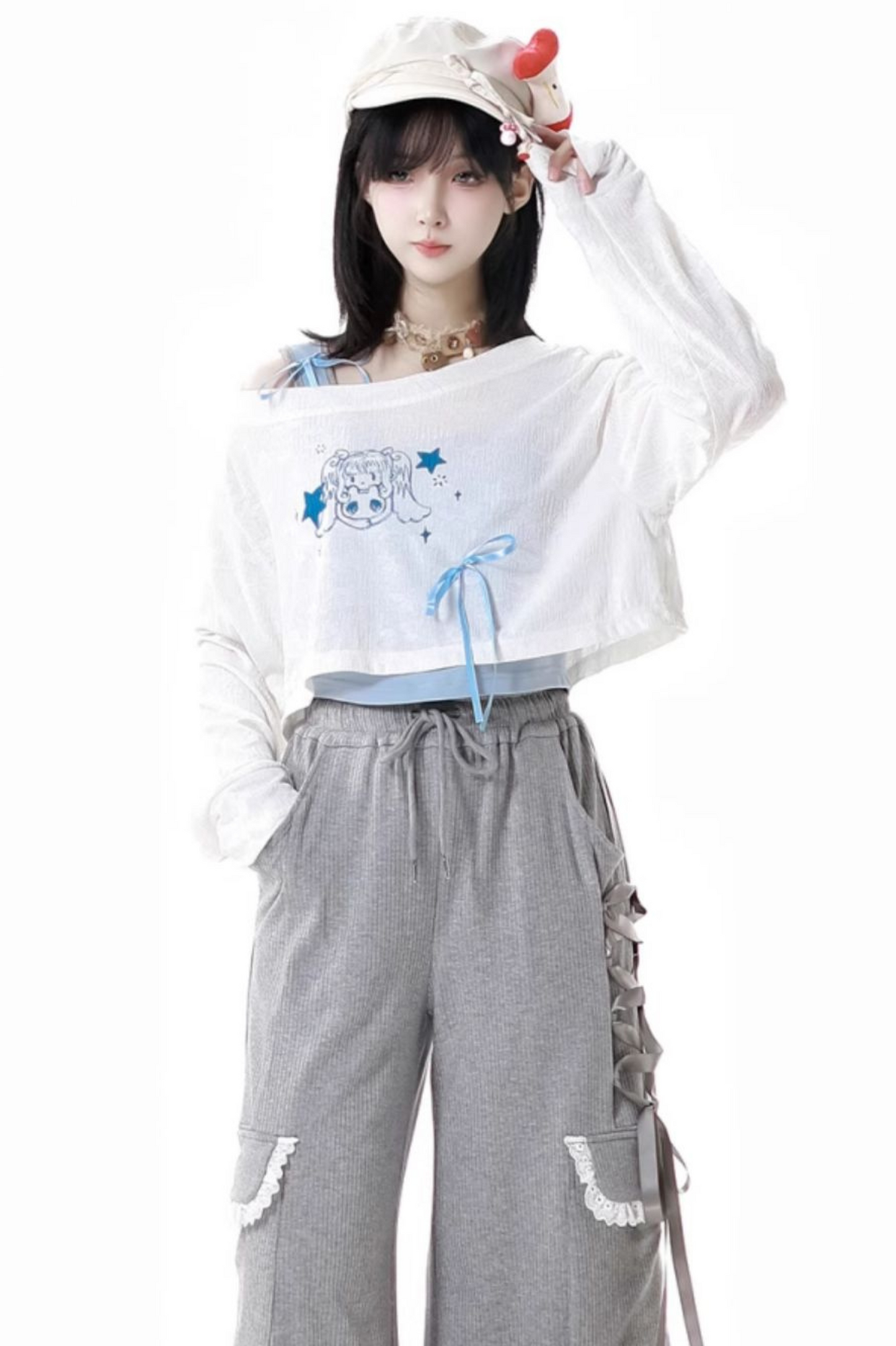 One-shoulder top + pants lace-up camisole