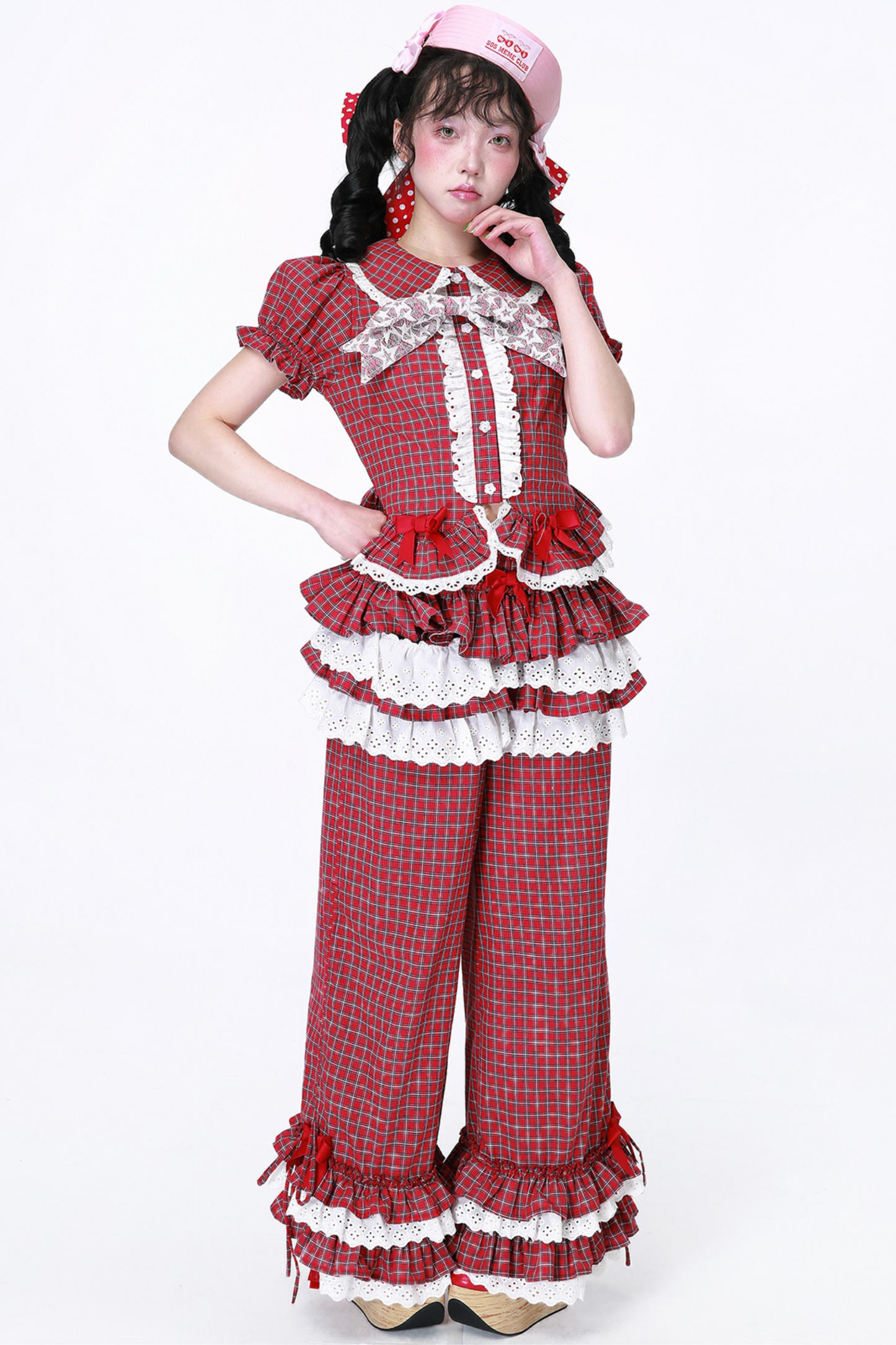 Check Lace Ruffle Retro Long Pants