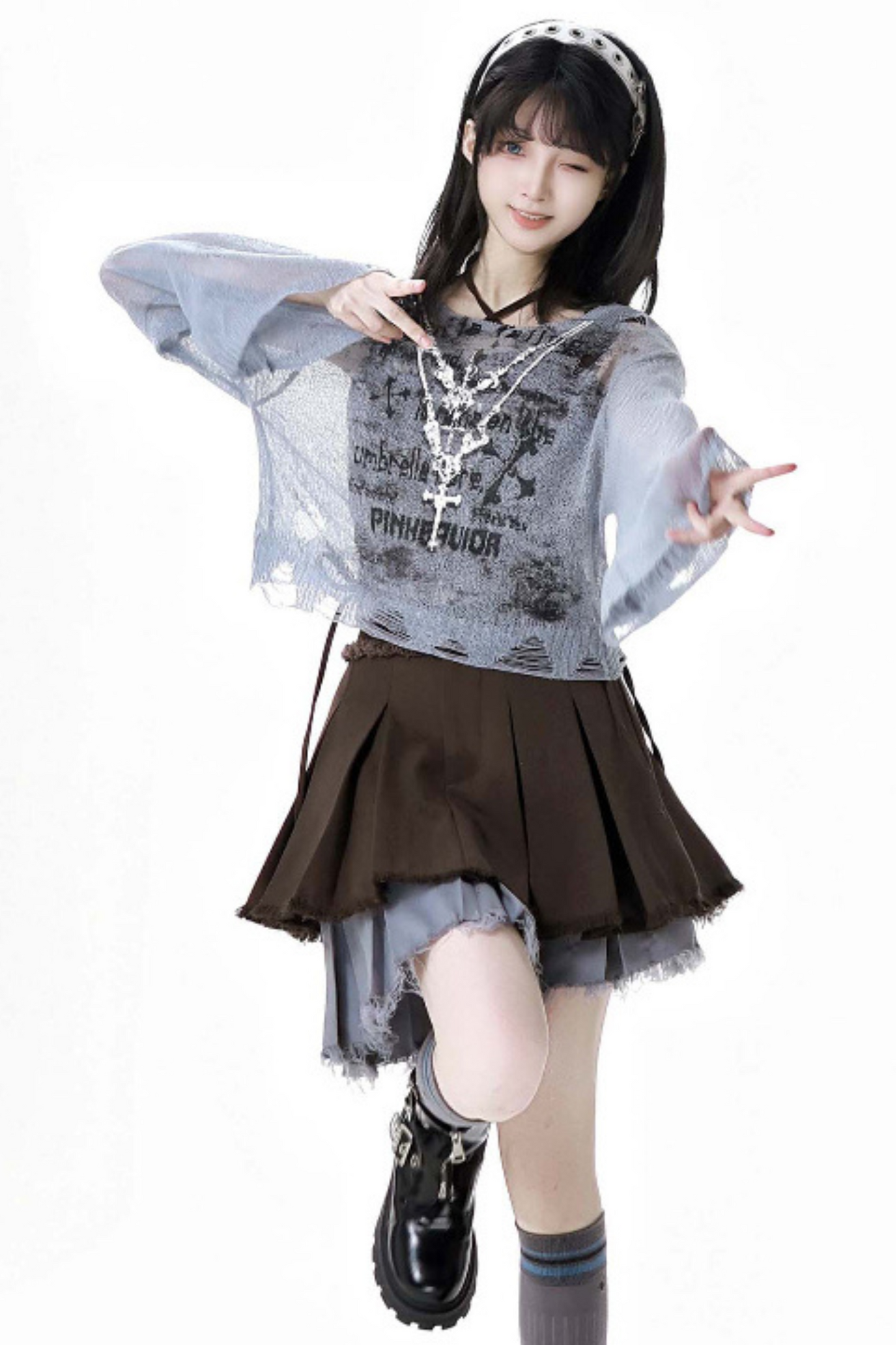skirt + blue bustier top dark check y2k asymmetrical