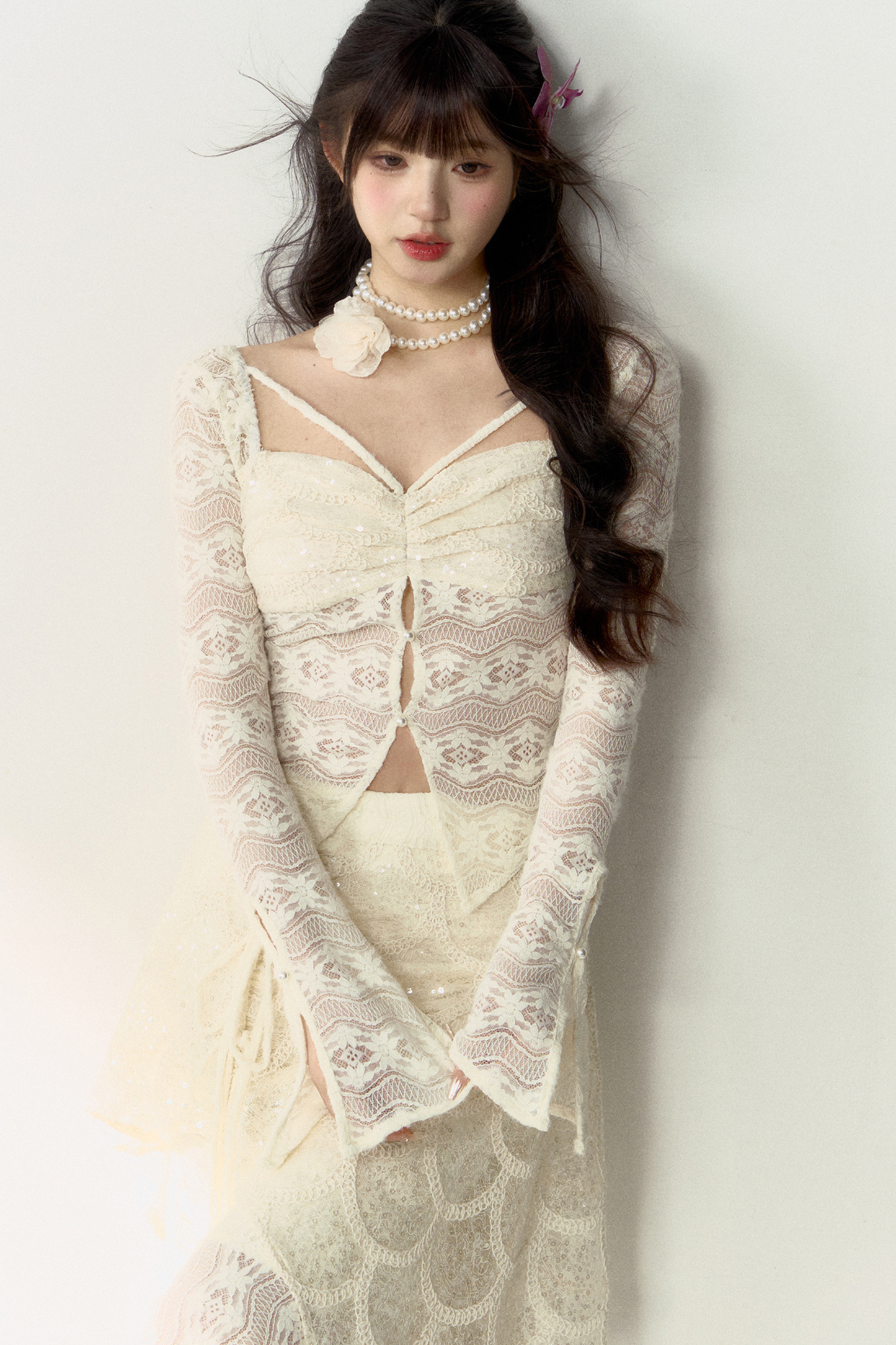 Shiny Top Sheer + French Asymmetrical Skirt Lace