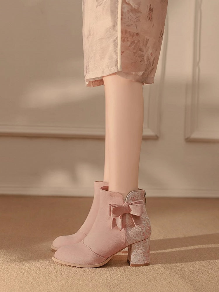 Absatzversion Normal/Dicke Lolita mit Schleife Stiefel Qi Block Akzent Satin Kombination und Wildleder