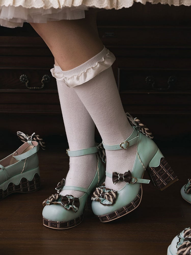 Buckle Platform GreenBrown Heels Bowknot Heart Chocolate Janes Mary Block High Details Striped