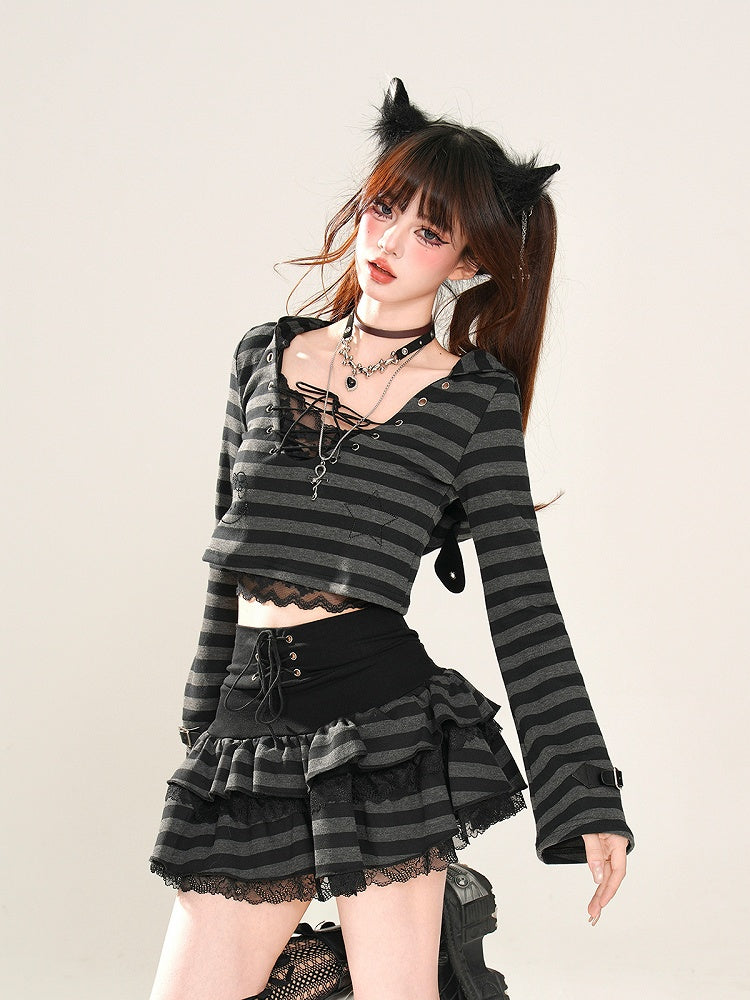 Glamorous Tiered Skirt Black Striped Lace Trim Lace-up Waist