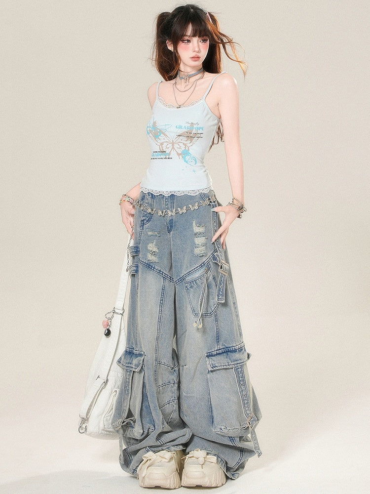 Glamorous Cami And Butterfly Lace Letter Print Top Trim Blue