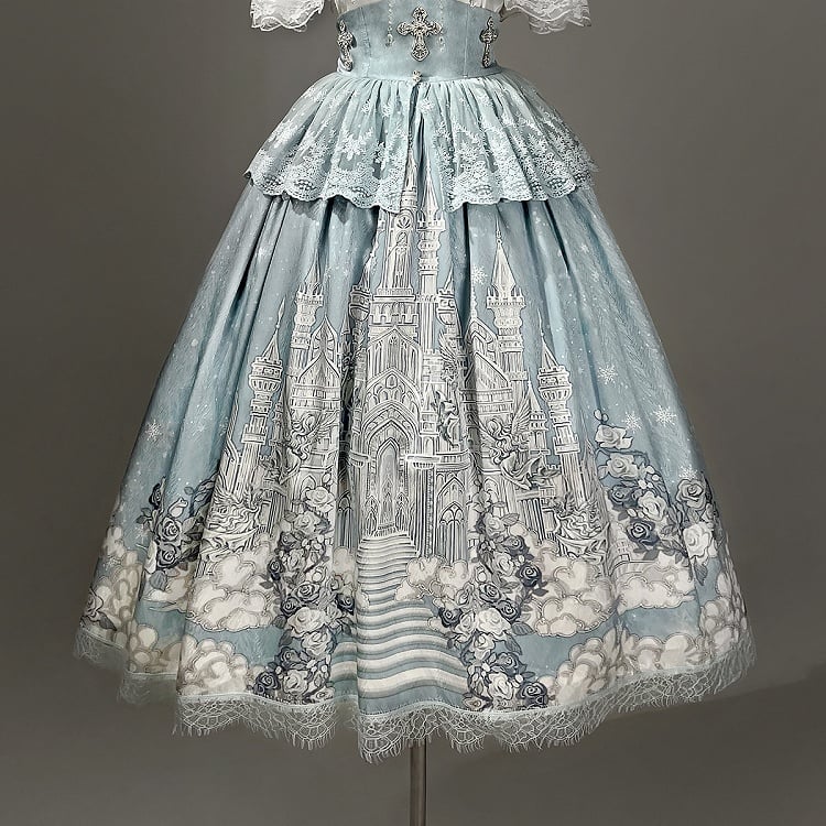 White Skirt High Cape Waist Top Cami + Tulle Print Castle Blue
