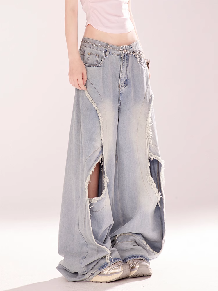 Blue Low Rise Distressed Hole Vintage Wide-leg Jeans Raw Hem