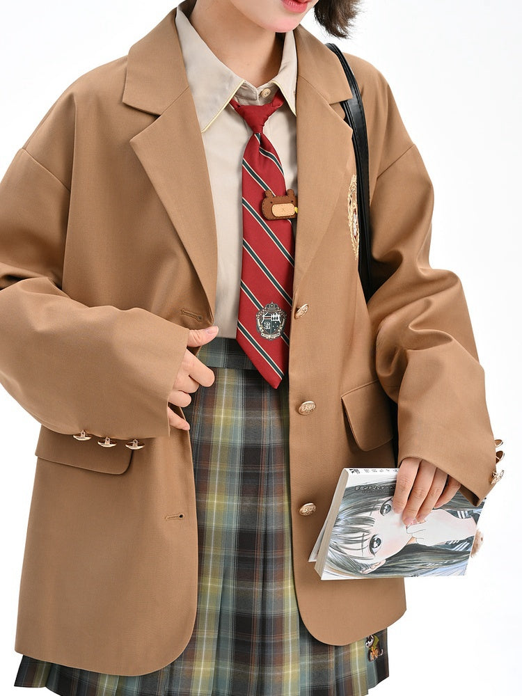 Brown Preppy Fashion Badge Blazer Embroidery JK Uniform Vintage Millard