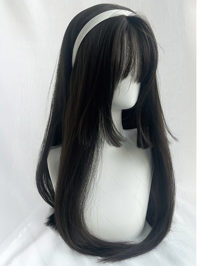 Brown/Black Long Straight Hime Cut Synthetic Wig With Bangs