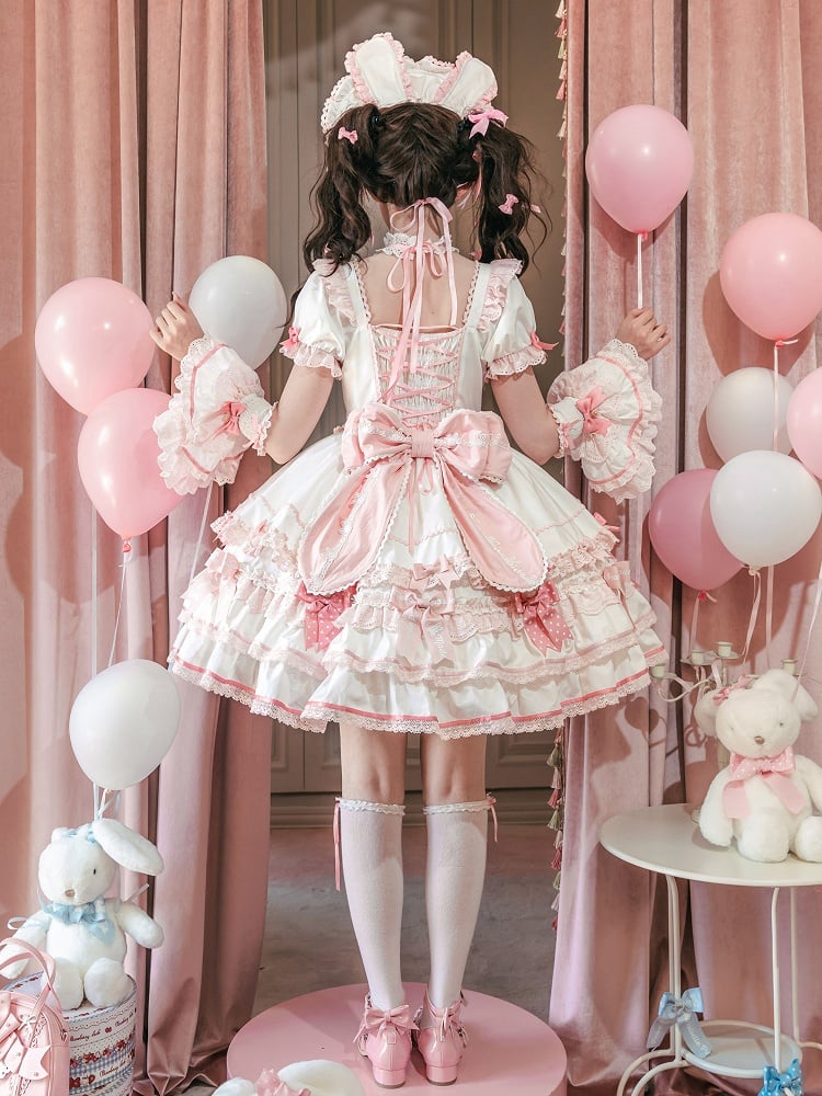 Ruffle One Piece Pink White Sweet Princess and Bow Dress Theme Lolita Bunny Accents