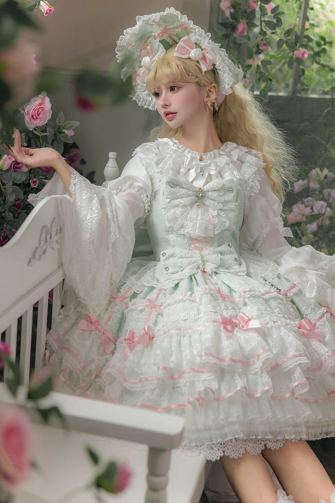 Mintgrüner Hanayome-Lolita-Pulloverrock mit Schleifenverzierung, süßes Hime-Lolita-Pulloverrock-Set