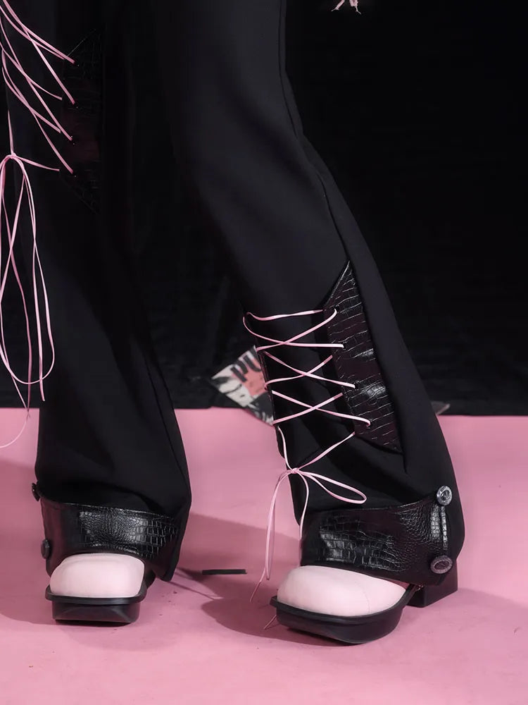 Flared Detail Lace-up Pants Black