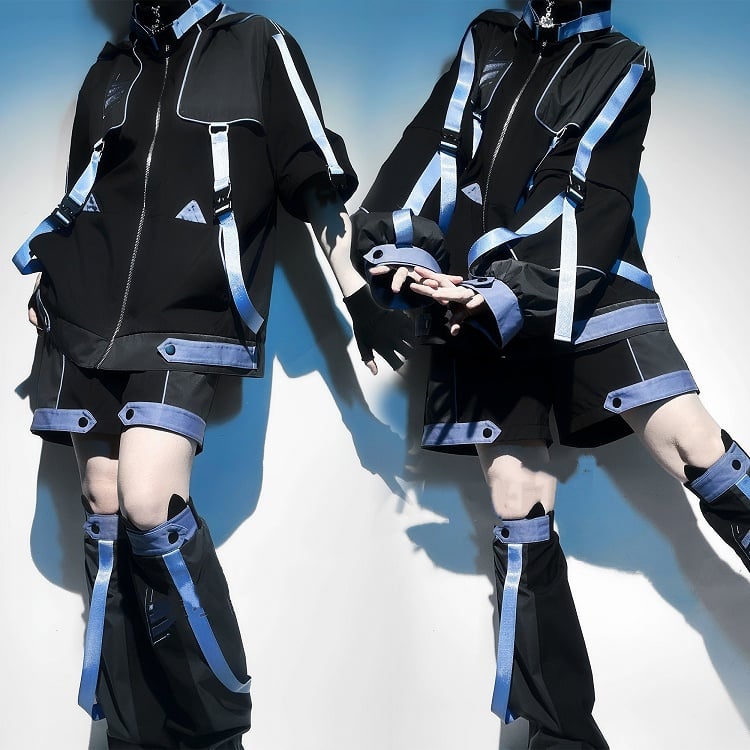 Kitty Ears Black and in Hood and Detachable Sleeves Blue Waterproof Jacket with Cyberpunk Techwear