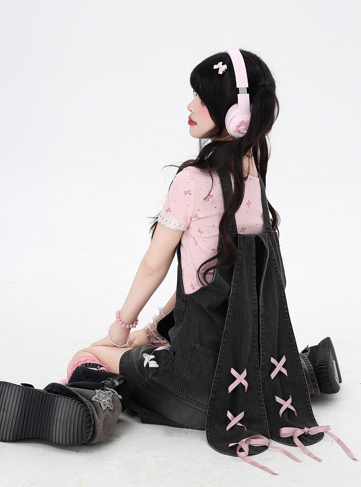 Black Bunny Ears Design Back Adorable Lace-up Denim Overall Shorts