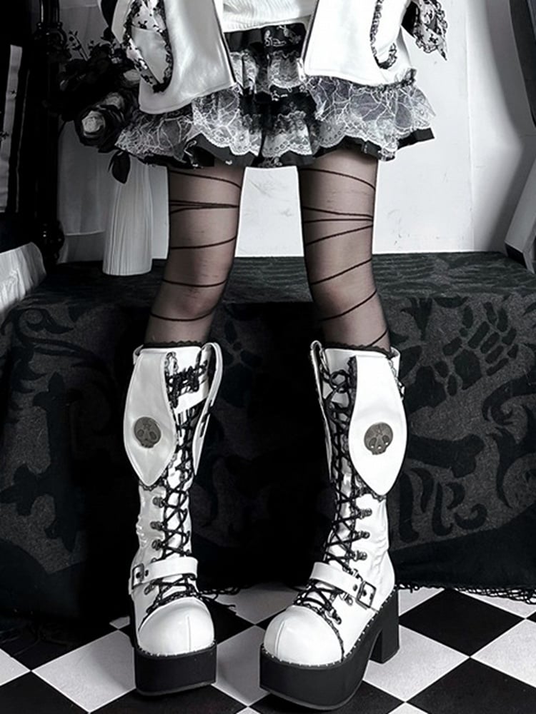 White & Black Punk Bunny Ear Detail Gothic Platform Block Heel Boots