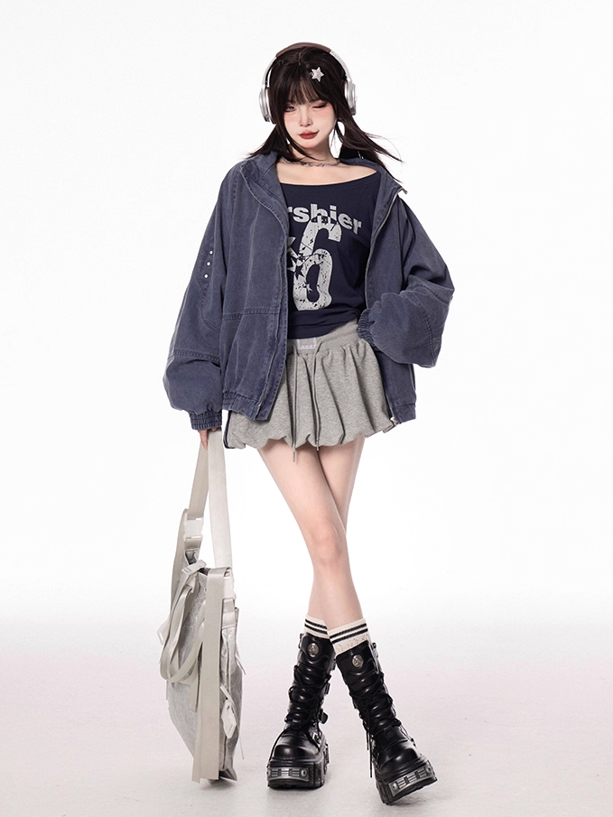 Design Banded Collar Faded Wash Distressed Blue/Apricot Jacket Autumn Zip-up