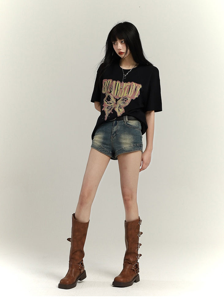 Dunkelgrau/Braun/Schwarz/Weiß Vintage Loose T-Shirt mit Schmetterlingsdruck