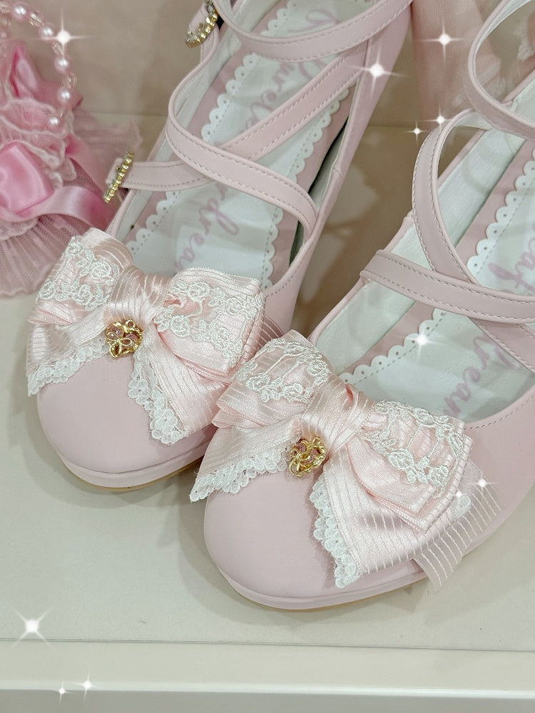 Heart Heels Bow Pink Crisscross High Buckle at Top Design
