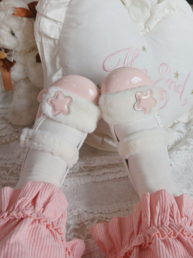 Accent Plush Star Sweet Button Flats White Strap Snap Pink - PU