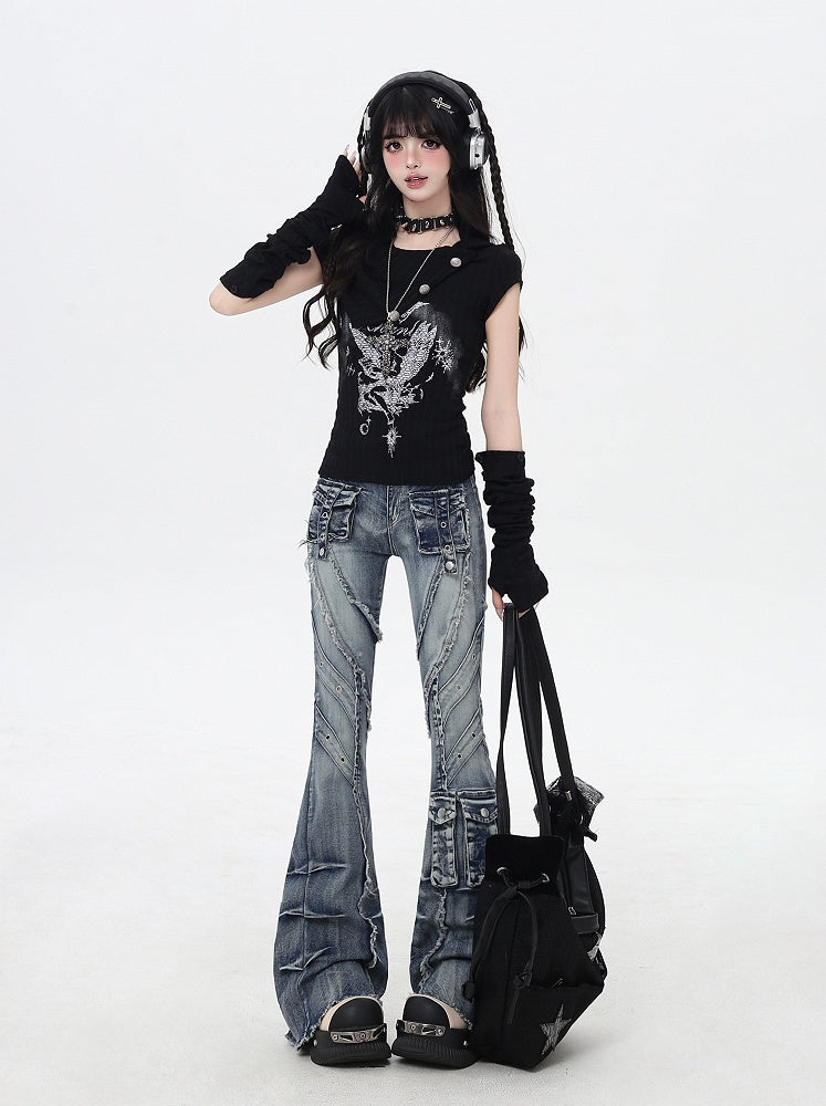 Blue Low Rise Raw Hem Faded Wash Flared Cargo Jeans Y2K