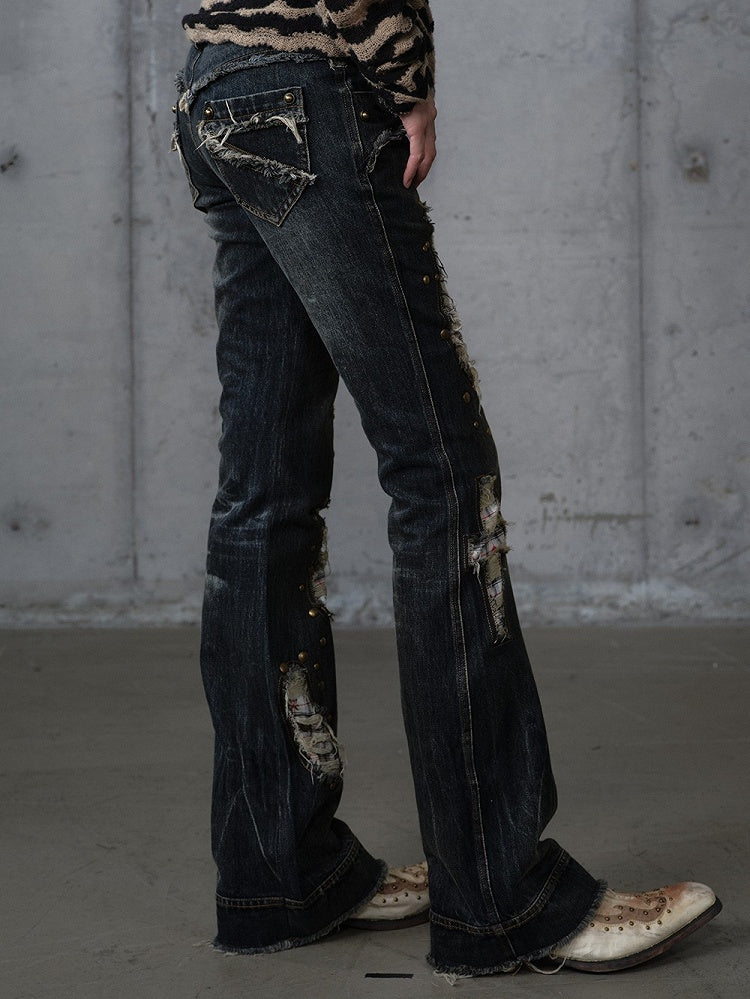 Plaid Distressed Patches Jeans Hem Punk with Frayed Black Wash Cross