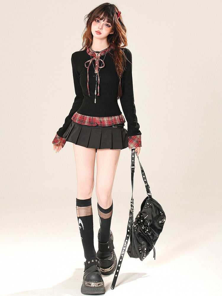 Pattern Top Sleeves Plaid Long Ruffles Black Glamorous Bittersweet Trim
