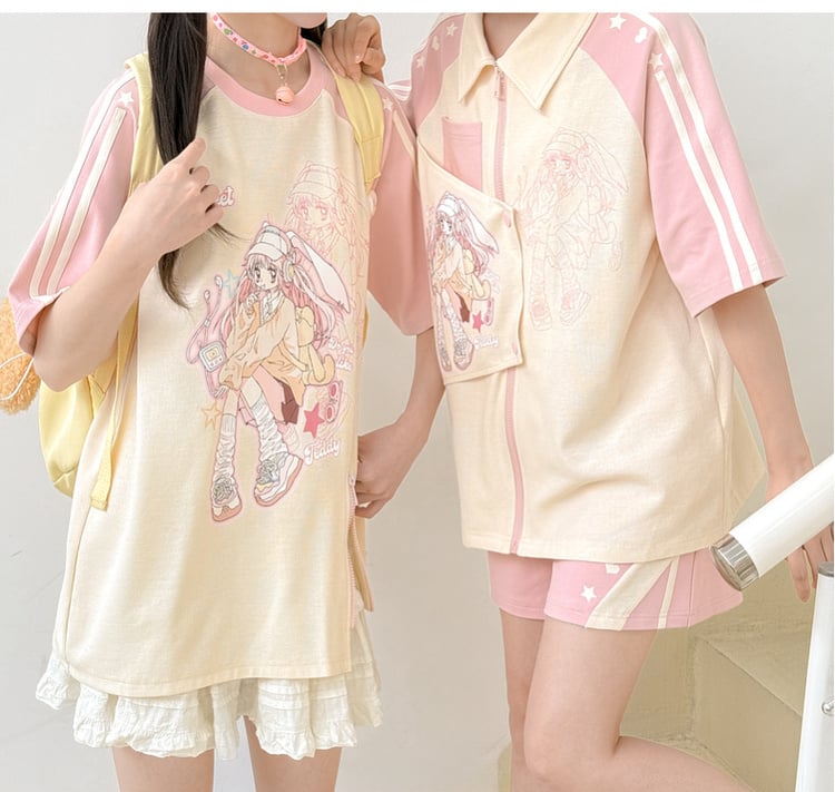 Beige and Pink Colorblock Design Shirt Anime Print Zip Bittersweet Closure Y2K
