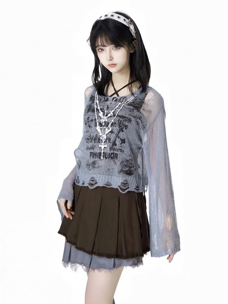 Hollow-out Sun Grey Cross Print Holes Coverup Distressed Protection