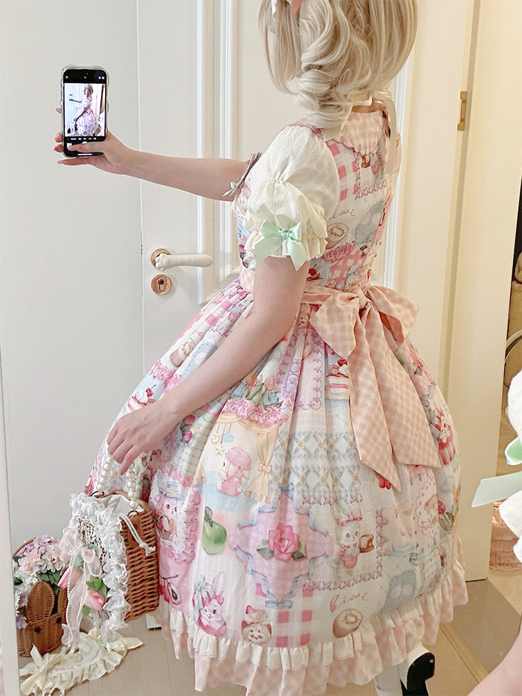 Bunny Embroidery Collar Cottagecore Patchwork Sweet Lolita Dress with Detachable Sleeves