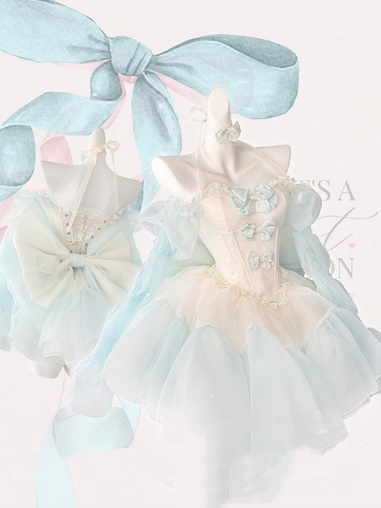 Green Bowknots Decoration Bodice Corset Top with and Puffy Skirt Yellow Set Balletcore