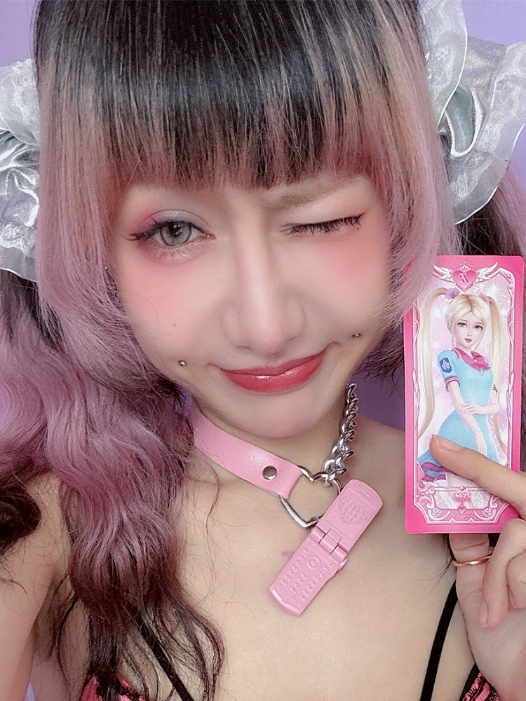 PU Pink/Silber Telefon Y2K Anhänger Choker
