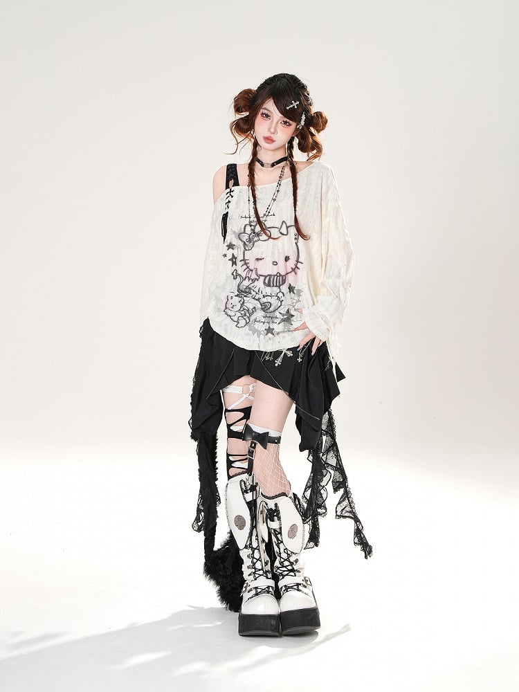 Detail Cascading Lace Ruffles Skirt Black Lace-up