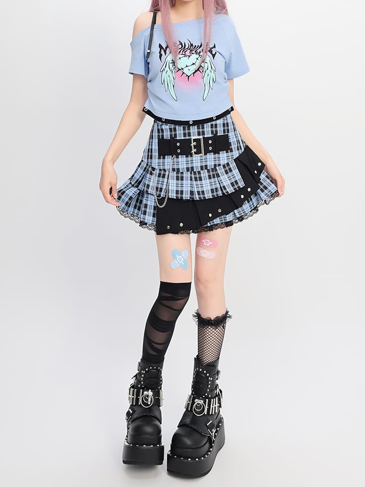 Wings Print Y2K Light Blue Asymmetrical Neckline Heart and T-Shirt