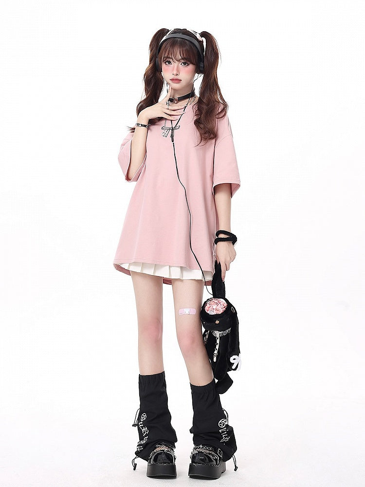 with Print Details T-shirt Bow Lacing Ribbons Pink Back Multi-Color