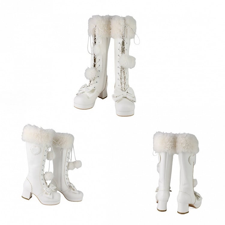 White Embellishments Cuff Lace+Zip Lolita Top Boots Bow - Knee-High with System Sweet Plush