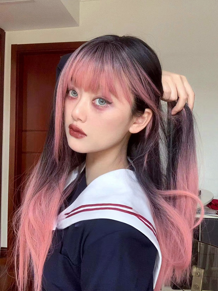 68CM And Black Wig Ombre Length Straight Bangs Air Pink With