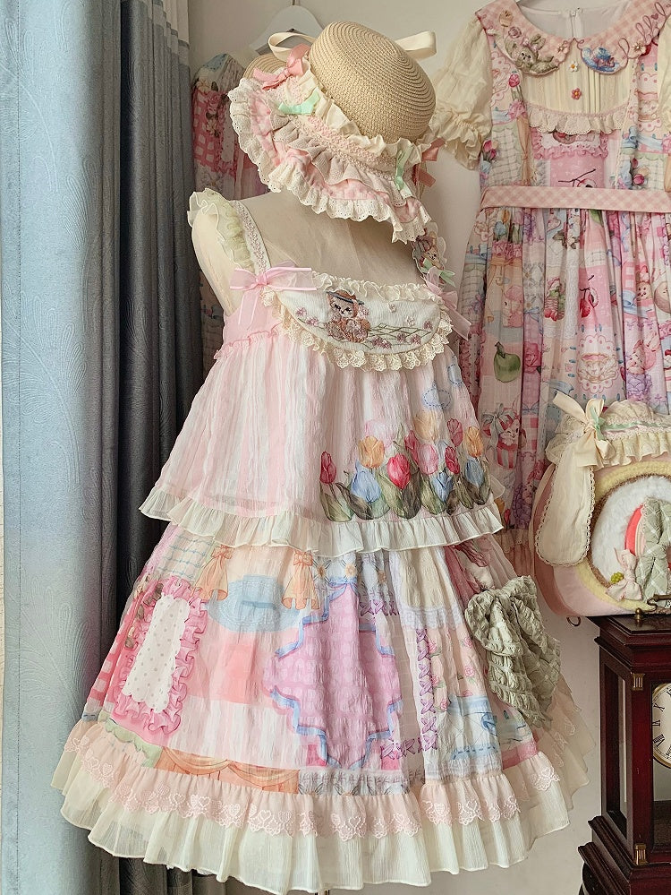 Cottagecore Patchwork Print Sweet Lolita Skirt with Detachable Straps Short Version
