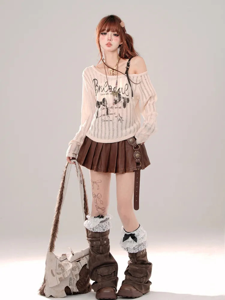 Buckle Pleated Straps Skirt Black/Brown