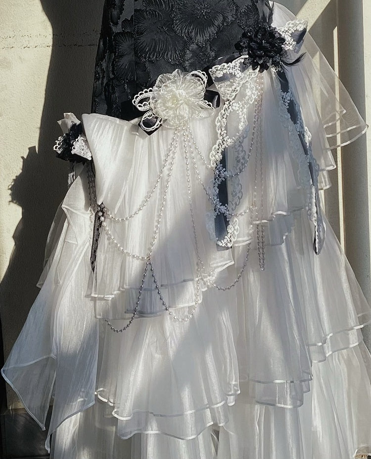 Classic JSK Elegant Layered Full Tulle Slim Bodice Jacquard Hem White Lolita Black Fit Floral Set