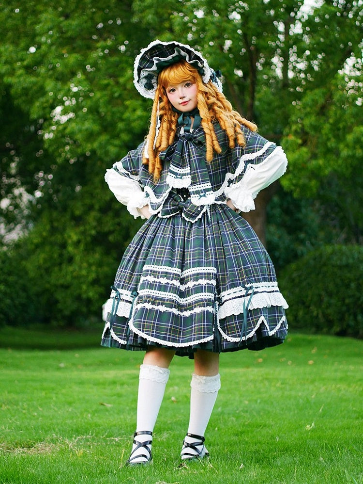 Green Plaid Bunny Ears and Cape Petal-like Trim Hooded with