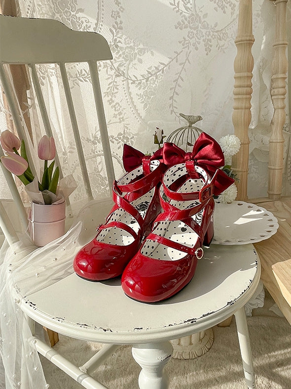 Accent Bow Crisscross Heels Mid Red Design Sweet Toe Round - Lolita