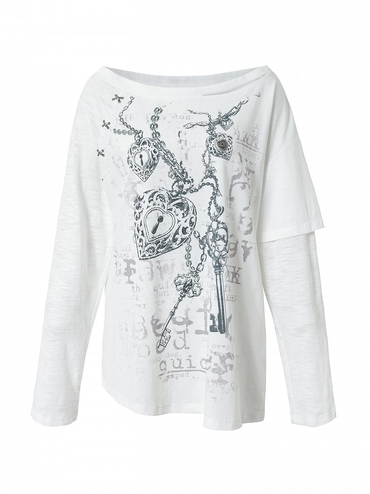 Weißes Grunge-Ästhetik-Herz-Off-Shoulder-Print-Nieten-Distressed-Cross-Punk mit Top-Details Charm Wasteland